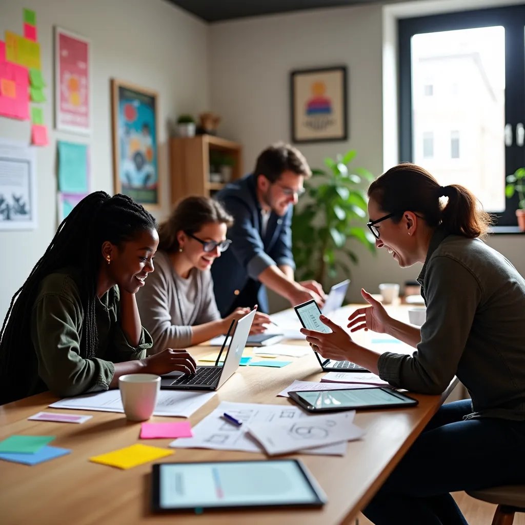 Design team collaborating in modern office workspace with digital screens